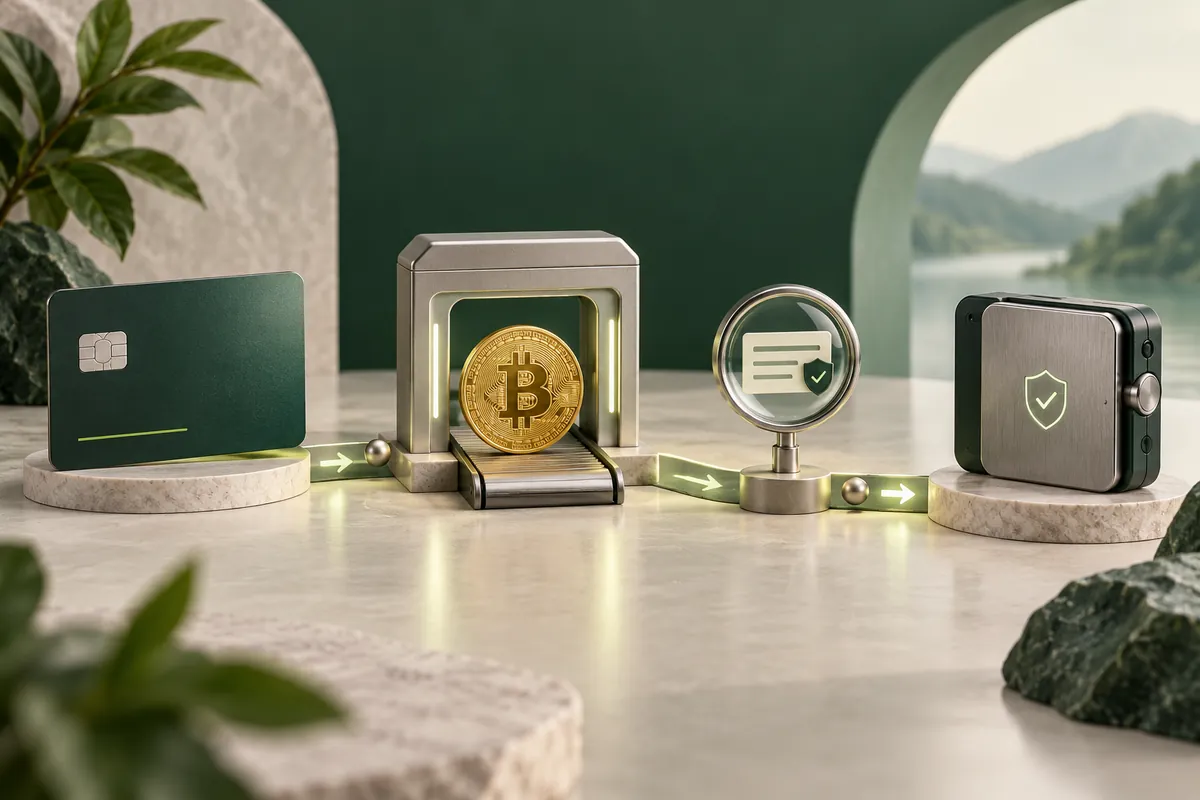A conceptual route from payment and a Bitcoin purchase to address checking and storage