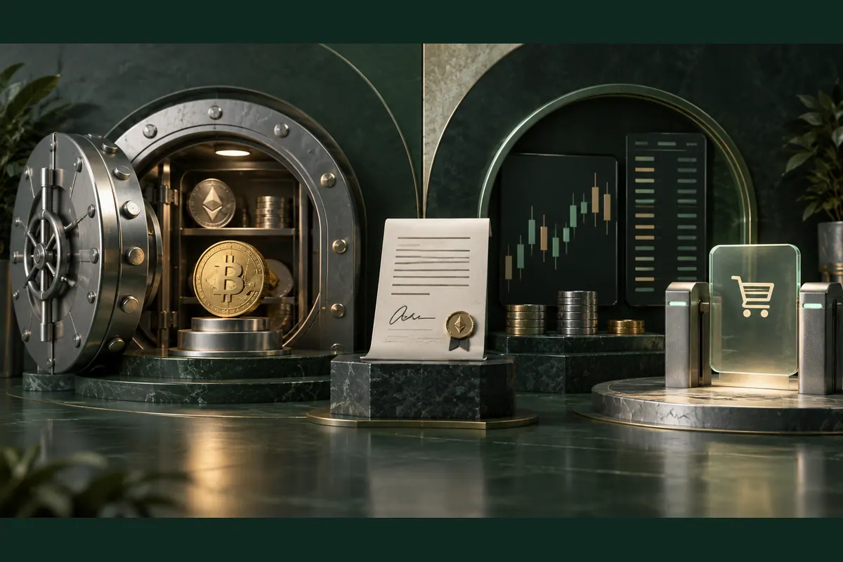 A crypto-asset vault beside a trading panel and a separate contract document