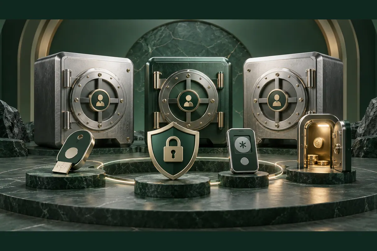Account vaults beside an authentication key, phone and lock illustrating access controls