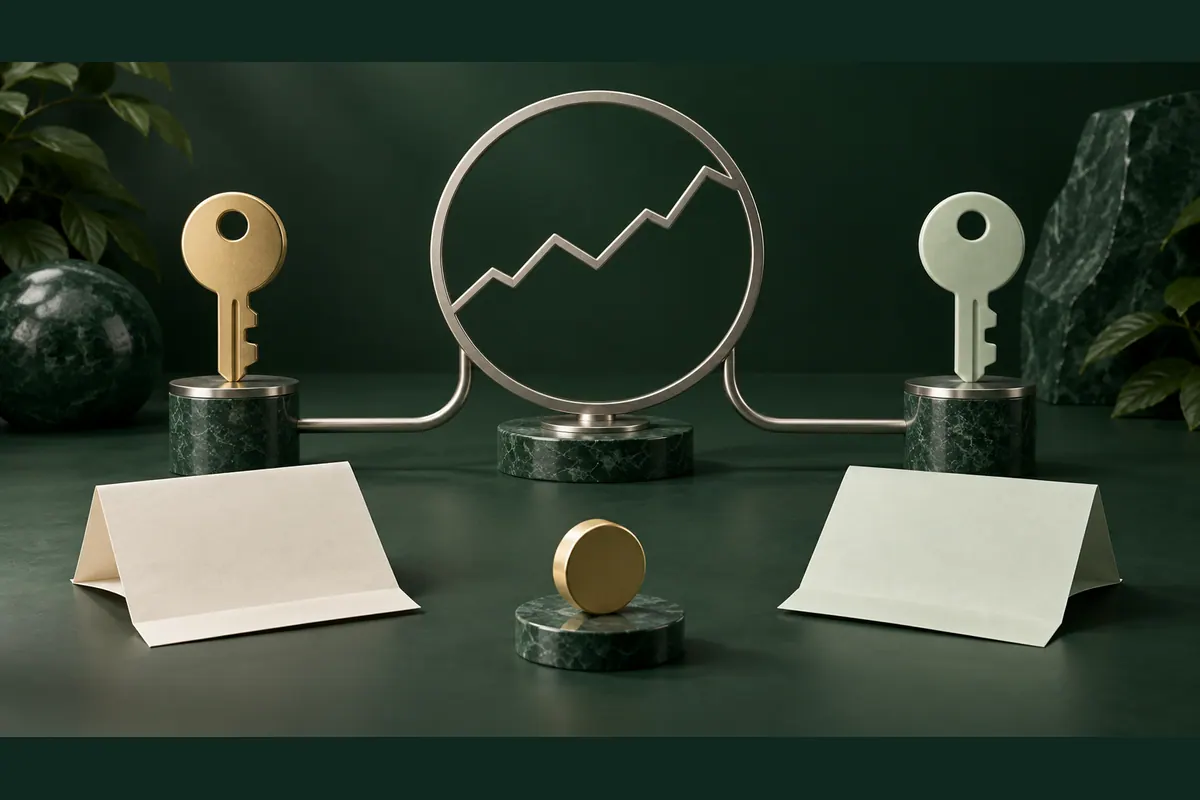 Two account keys beside a circular frame with an abstract metal chart, a practice token and separate account documents