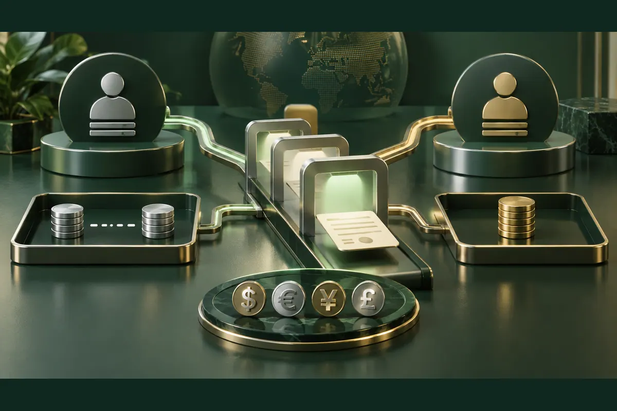 Two account routes with coin trays and a shared document, beside different currency symbols