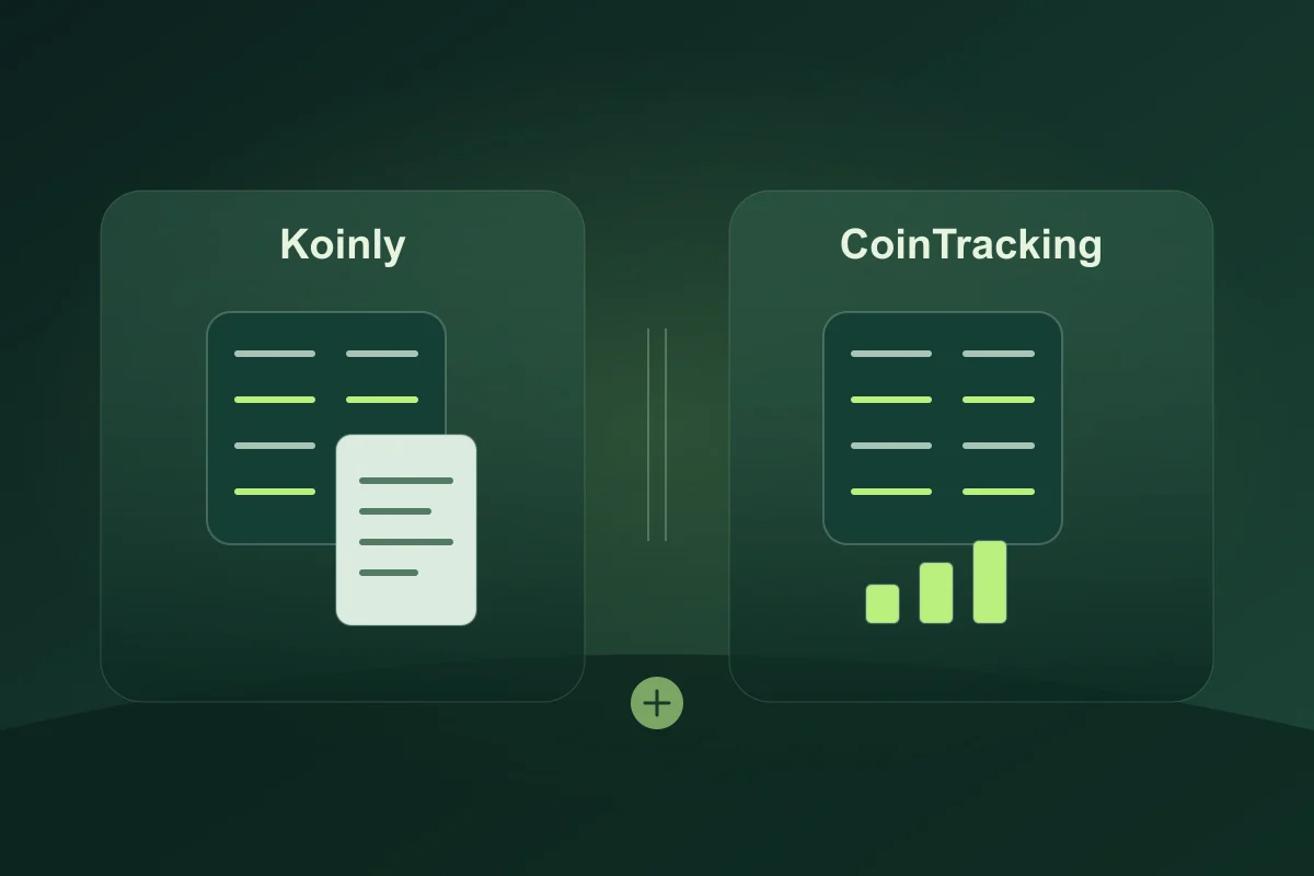 Two record panels with a document beside Koinly and bars beside CoinTracking