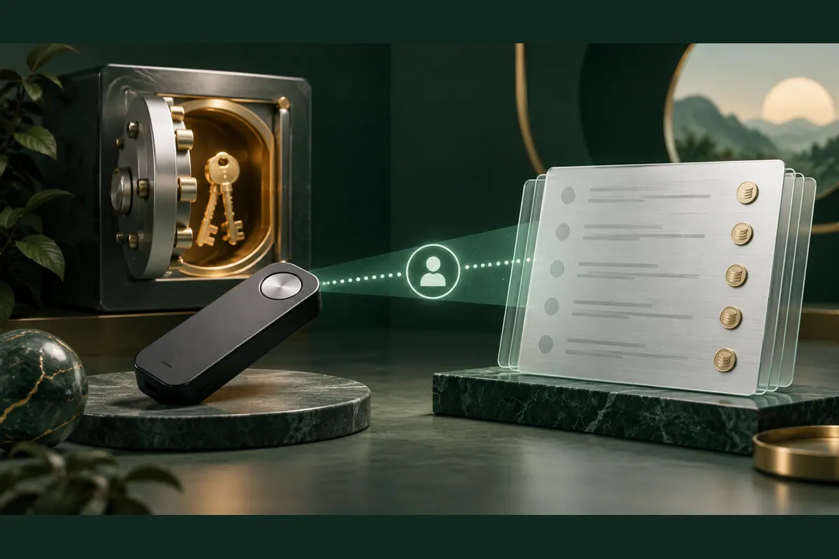Keys remain with a signing device while public history feeds transaction records and reconciliation