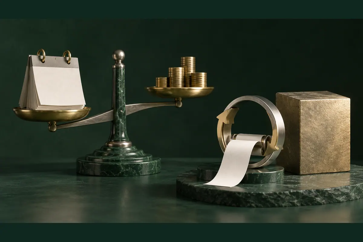 A cost balance with an overnight weight beside a conversion ring receiving only a profit-and-loss strip