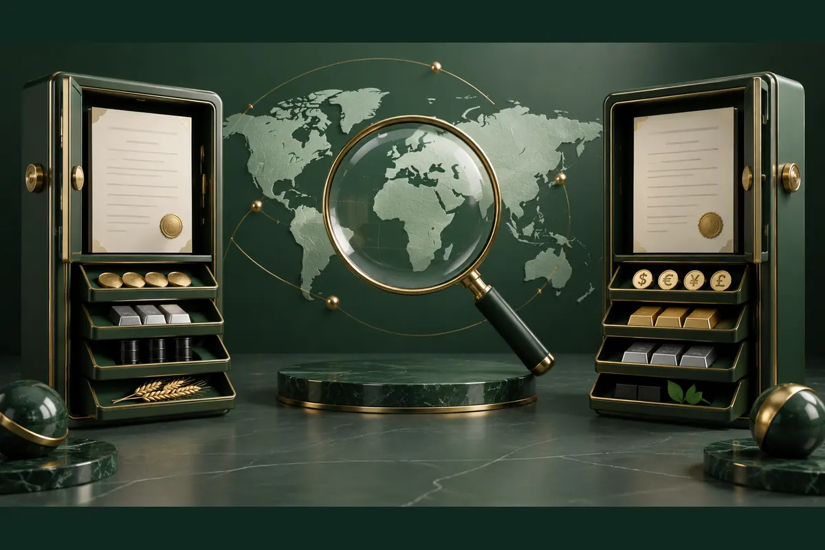 Two cabinets of account documents and market components around a globe and magnifying glass