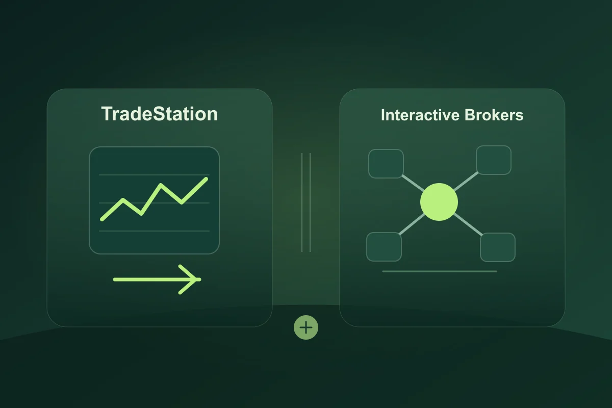 TradeStation and Interactive Brokers panels with a chart and arrow opposite connected nodes