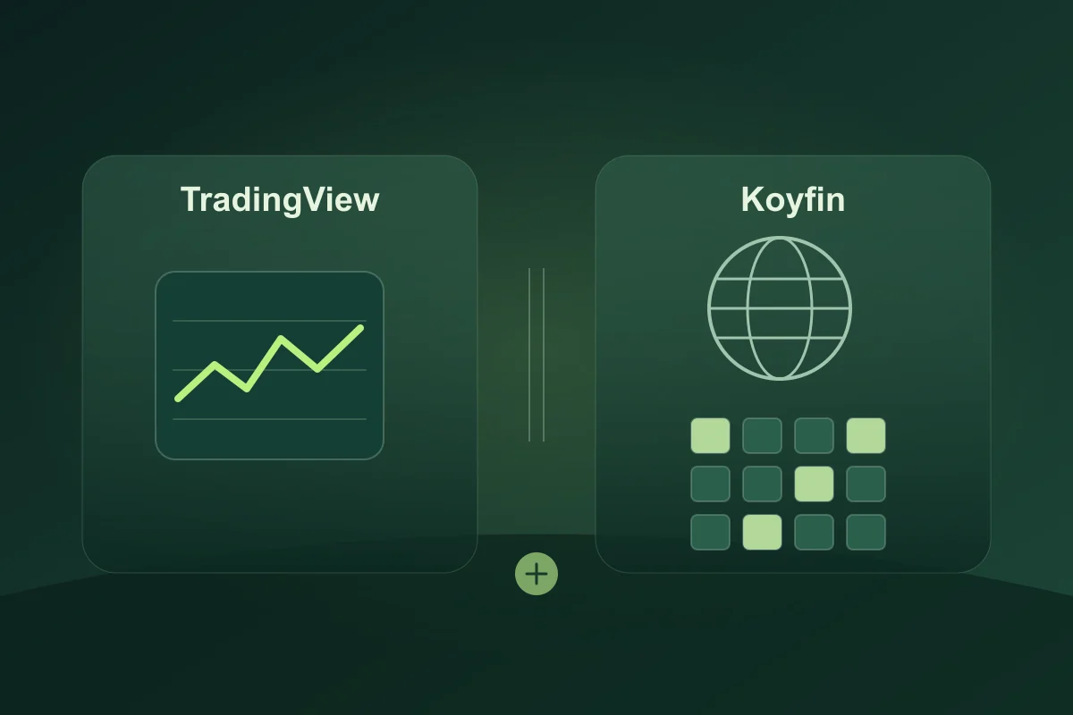 A line chart beside TradingView and a globe with a tile grid beside Koyfin
