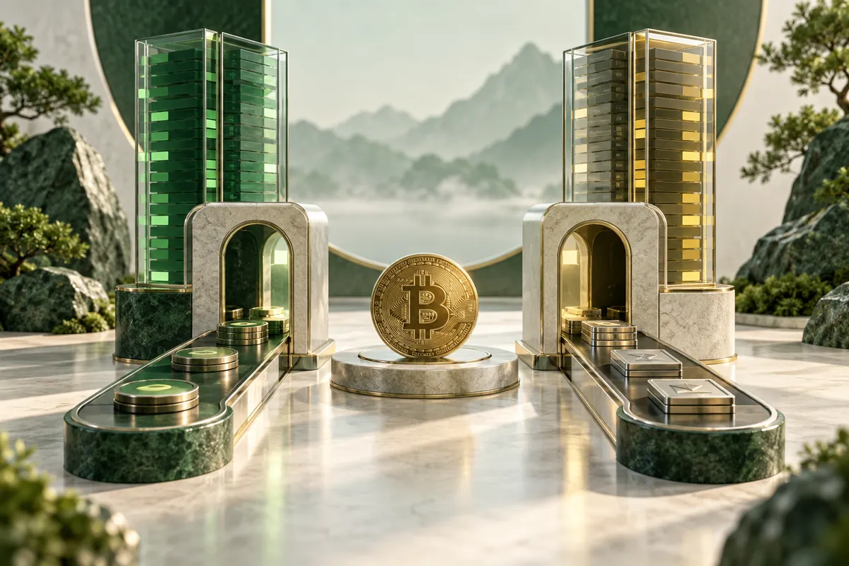 Two conceptual crypto marketplaces with order-book towers and a Bitcoin coin