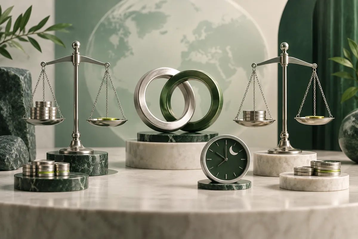 Scales, rings and a clock representing components of foreign-exchange trading cost