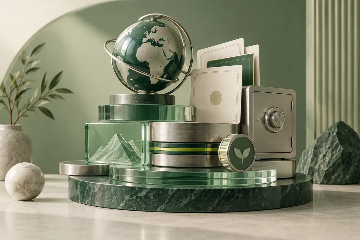 An investing illustration with portfolio documents, a globe and a safe in green and silver